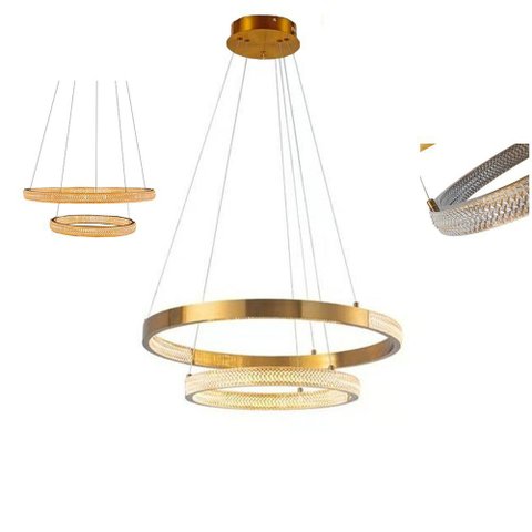 Luminaria Pendente Lustre Arco 2 Aneis Dourado Cristal Led 52w Moderno Sala de Estar Casa Recepçao