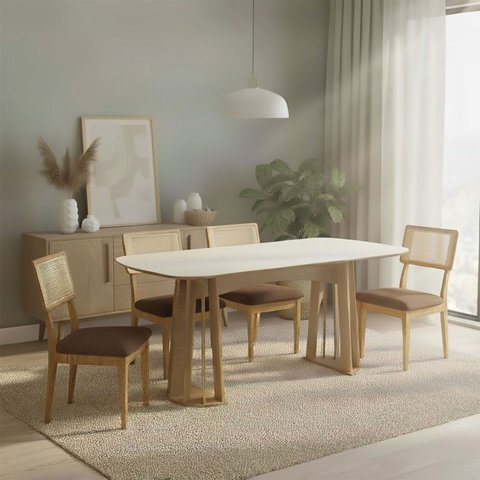 Mesa Jantar 180cm C/ 4 Cadeiras Estofadas para Sala 100% Mdf Cor:off White com Freijó e Veludo Slim