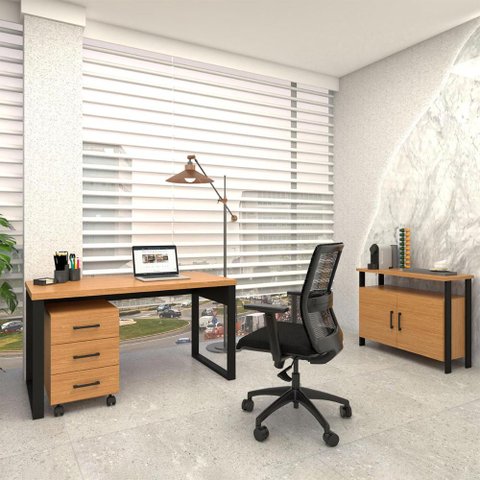 Mesa Escritório C/ Gaveteiro e Aparador Dalla Costa 100% Mdf Cor:freijó com Preto Fosco