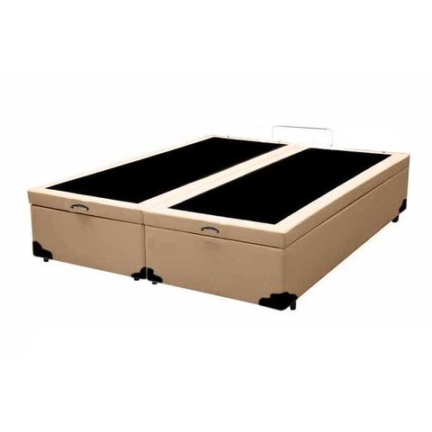 Cama Box Baú Queen Bipartido Blindado Sintético Bege Com Pistão A Gás