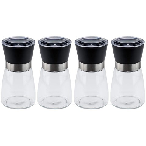 Kit 4 Moedor de Sal e Pimenta 170ml Lyor Vidro Moinho de Cerâmica e Tampa Plástica Preta