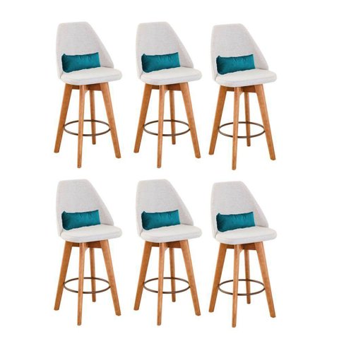 Kit 06 Banquetas Linho Bege e Almofada Suede Azul Turquesa