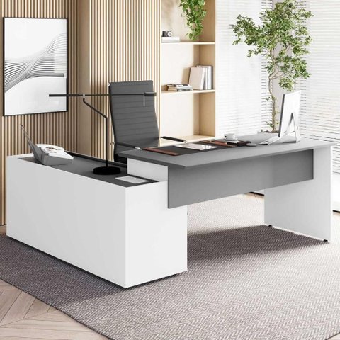 Mesa em L para Escritório com Armário Lateral Mesa em L Diretor 180cm Cinza Sagrado com Branco F5