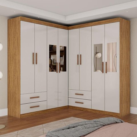 Closet Casal Duplo Lu 8 Portas 4 Gavetas com Espelho Cinamomo com Off White