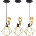 Ver imagem 1 de 3 Pendentes Aramado Diamante Teto Luminária Retrô Balcão Agp Dourado + 3 Lâmpadas Led ST64 Vintage A