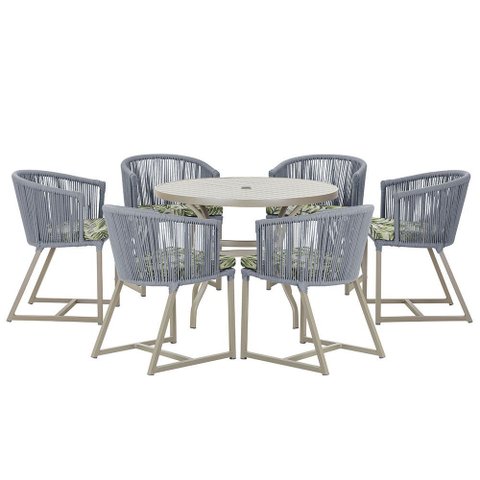 Mesa com 6 Cadeiras de Jantar Roma 120cm e Noronha em Alumínio Fendi Corda Náutica Estofado 5 Trama