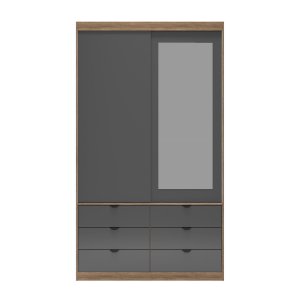 Guarda-roupa com Espelho, 2 Portas de Correr e 6 Gavetas Gautama Cinza Grafite