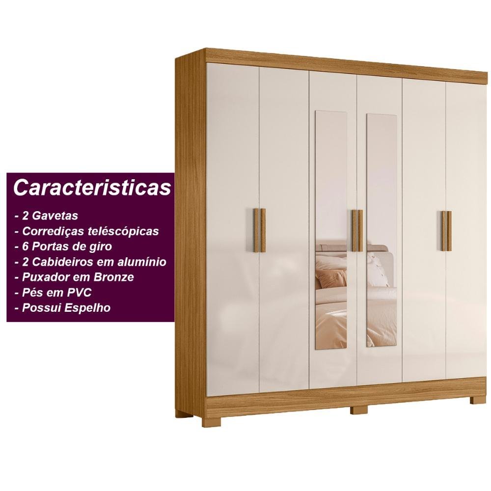 Guarda Roupa Valença 195cm 6 Portas Freijó Off White com Espelho