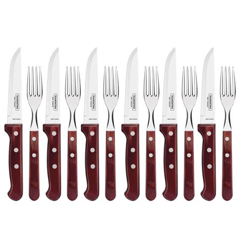 Conjunto de 12 Talheres de Aço Inoxidável com Cabos de Madeira Polywood Tramontina Vermelho