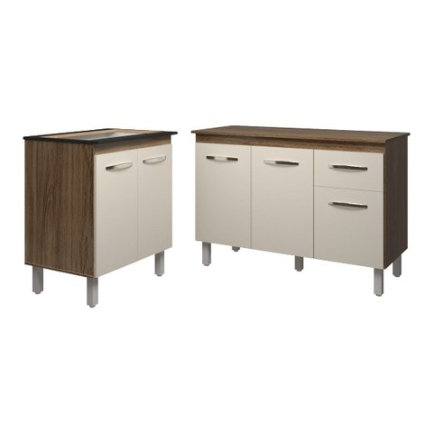 Balcão Para Cooktop 5 Bocas Fran e Armário Aline 118 cm Cozinha Gabinete Savana Off White com Tampo 
