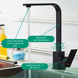 Torneira Monocomando Misturador Bancada Banheiro Cozinha Modelo Quadrada Slim Alta Preta c/ Giro 360 - 3