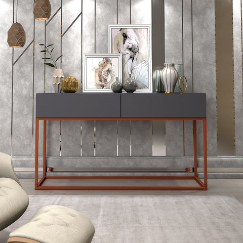 Aparador Buffet Cinza Fosco Estilo Industrial Eros 1,10mts 2 Gavetas com Base de Ferro Cobre Luxo