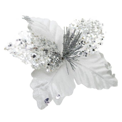 Kit 6 Flor de Natal Prata Artificial com Brilho 19cm