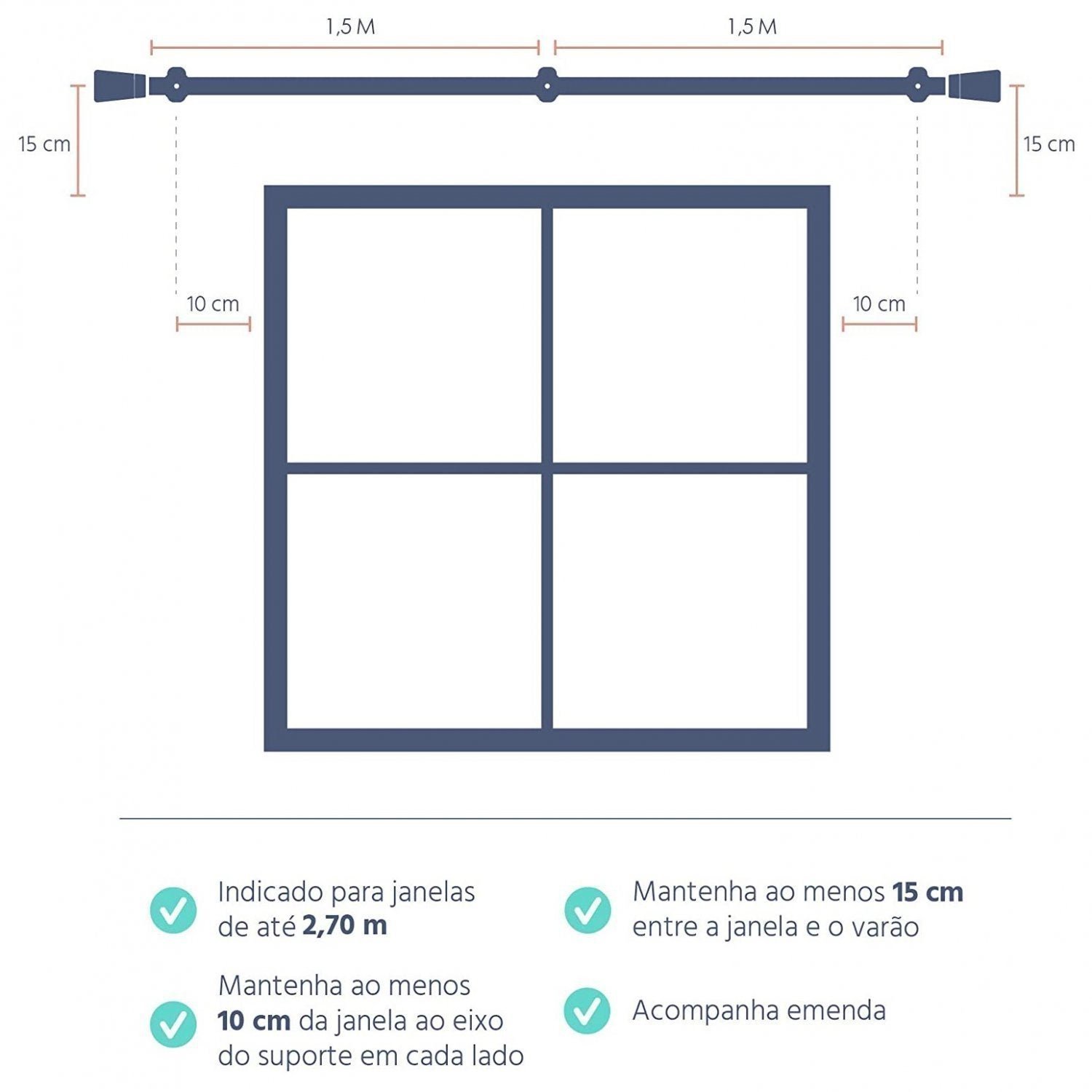 Kit Varão Simples de Cortina 3m com Emenda Alemão Plus Belchior  - 3