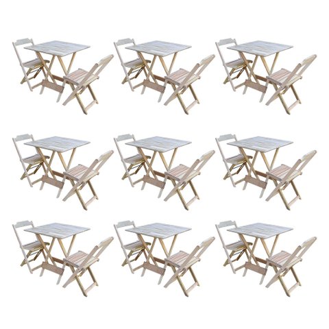 Kit 9 Jogos de Mesa Dobravel com 2 Cadeiras de Madeira 70x70 para Restaurante e Bar - sem Pintura