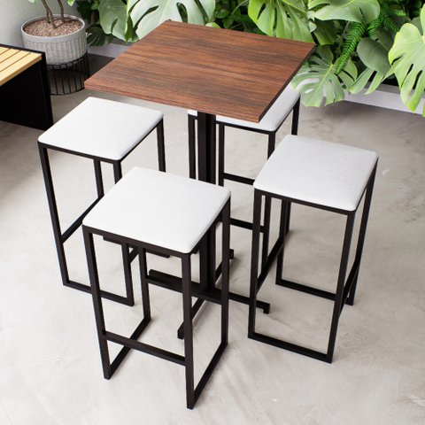 Conjunto Mesa Alta Bar Bistrô Quadrada Imbuia 4 Bancos Estofado Don Castro Decor