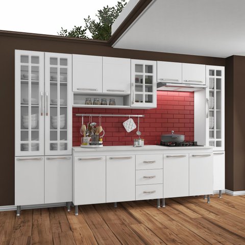 Cozinha Completa Predilleta Clara Modulada 6 Pecas 295 Cm 15 Portas 3 Gavetas com Tampo Branco
