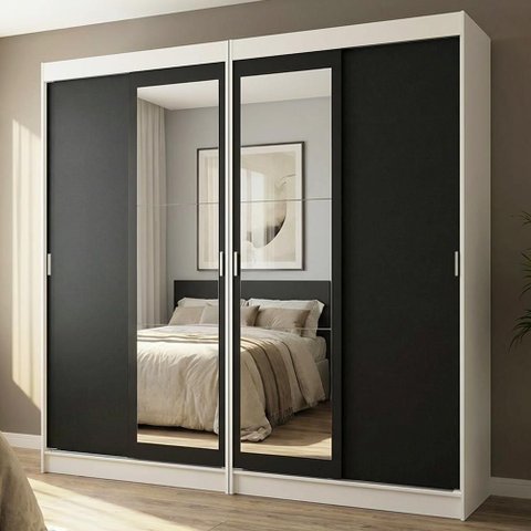 Conjunto 2 Guarda Roupas Casal Tokio 4 Portas de Correr com Espelhos 2 Gavetas MDP Branco-Preto