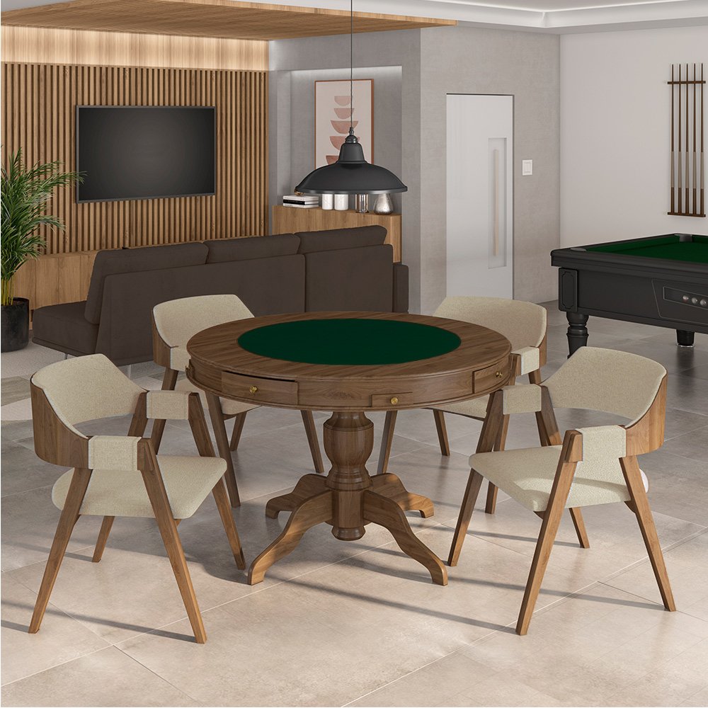 Conjunto Mesa de Jogos Carteado Bellagio Tampo Reversível Verde e 4 Cadeiras Madeira Poker Base Estr