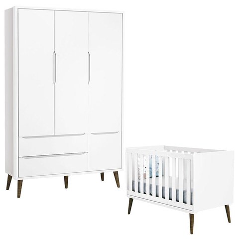 Berço Americano e Guarda Roupa 3 Portas Infantil Theo Branco Acetinado com Pés Amadeirado – Reller