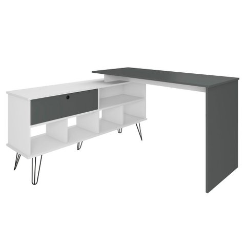 Mesa para Escritório Escrivaninha em L Home Office Kalil A02 Branco Grafito - Lyam Decor