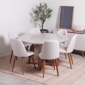 Conjunto de Jantar Mesa Redonda com Vidro Bennett 6 Cadeiras New Drop - Natural C/ Bege