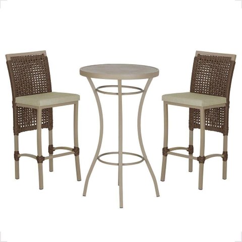 Mesa Bistrô e 2 Banquetas Roma Fendi Corda Estofado 7 Trama Marrom