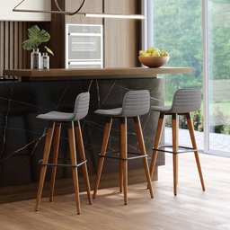 Kit 3 Banquetas Altas Luxo Linea Aço Preto Linho Cinza Base Carvalho - 1