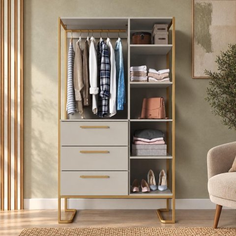 Closet Roupeiro para Quarto 182x103x44 com 3 Gavetas Cabideiro e 5 Prateleiras Estilo Industrial Cor