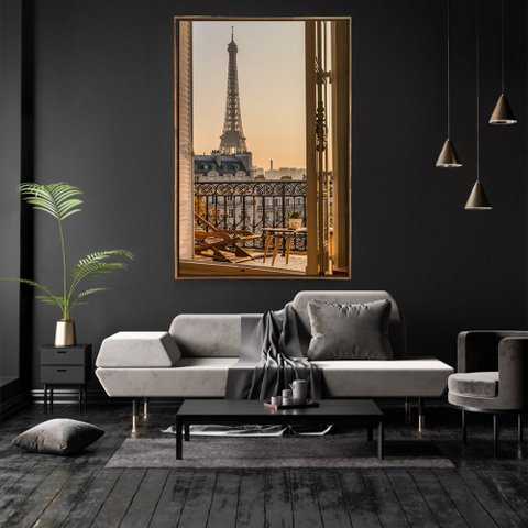 Quadro Decorativo Torre Eiffel Pela Janela Com Moldura e Sem Vidro 100X160