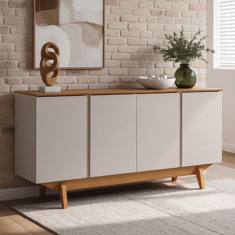 Aparador Buffet para Sala de Jantar 4 Portas 160cm Pés Retrô Albion N01 Cinamomo Off White - Lyam
