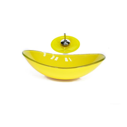 CUBA DE VIDRO OVAL 47CM AMARELA + VALVULA + TORNEIRA CASCATA