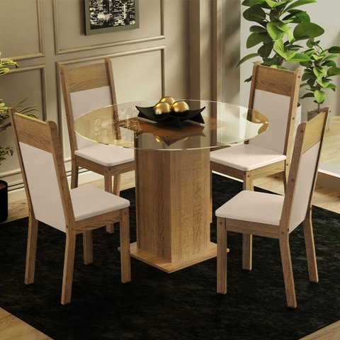 Conjunto Sala de Jantar Madesa Beta Mesa Tampo de Vidro Redondo 4 Cadeiras Rustic/Crema/Bege Cor:Rus