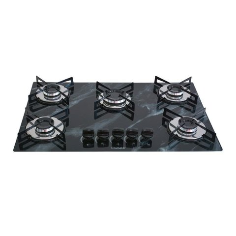 Cooktop Chamalar Bivolt Premium 5 Bocas Ultra Chama Vidro Temperado Marmorizado Preto