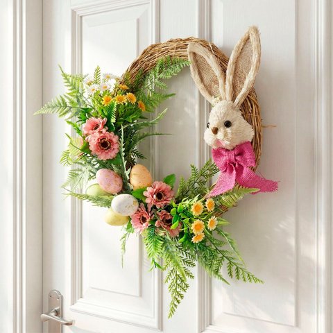 Guirlanda de Páscoa Decoração Coelho Rosa Arranjo Ovos 30cm