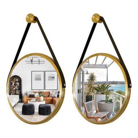 Kit 2 Espelhos Redondo Adnet Alça 60cm Suporte Premium Luxo - Dourado Alça Preta