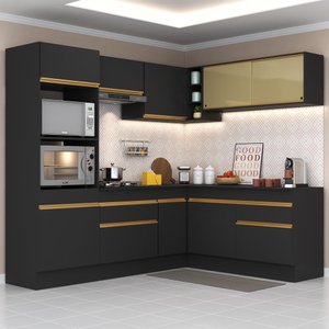 Cozinha Completa de Canto com Rodapé Veneza Multimóveis Mp2099 com Armário e Balcão Preta