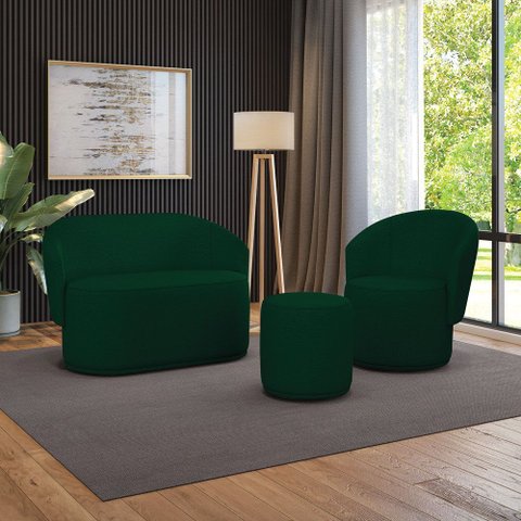 Sofá Namoradeira com Poltrona e Puff Orgânico Sala Malu Bouclê Verde M11 - D’Rossi