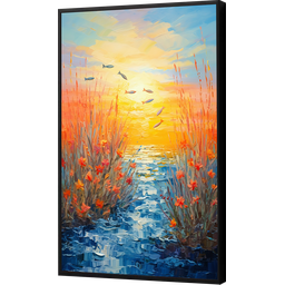 Quadro Decorativo Abstrato Canvas com Moldura Filete Flores Lago Peixes Gg - 1
