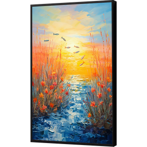 Quadro Decorativo Abstrato Canvas com Moldura Filete Flores Lago Peixes Gg