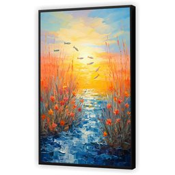 Quadro Decorativo Abstrato Canvas com Moldura Filete Flores Lago Peixes Gg - 2