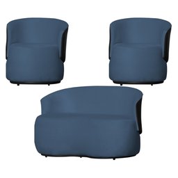 Kit 1 Namoradeira e 2 Poltronas Orgânica Beatriz Suede Composê Corino Preto - Estopar Suede Azul Roy - 1