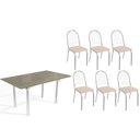 Ver imagem 1 de Conjunto: Mesa Sala Jantar Elba Tampo Madeirado C/ Vidro 160cm e 6 Cadeiras Noruega Cromada/freijo