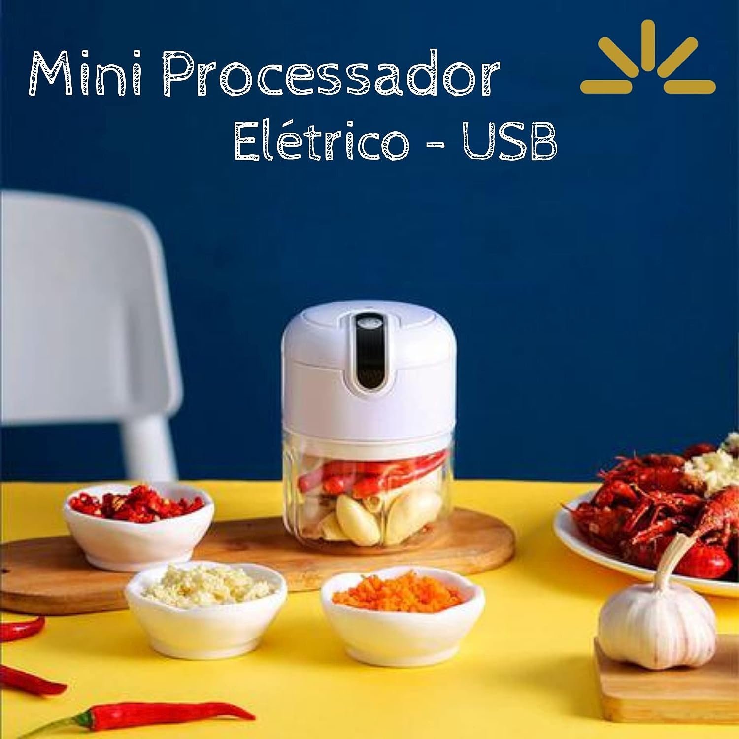 Mini Processador Triturador de Alimentos Elétrico 3 Lâminas de Inox 250ml Recarregável - Cabo USB - 6