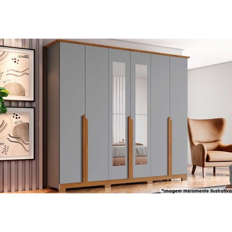 Guarda Roupa Casal 6 Portas e 6 Gavetas C/ Espelho e Pés Andréas Cinza/nature - Henn