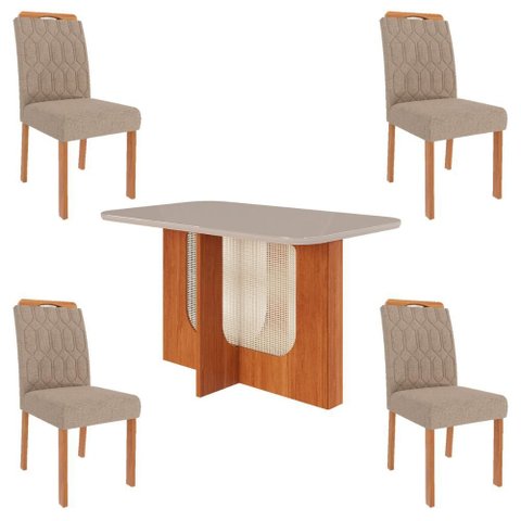 Conjunto Mesa Louise 1,30 com 4 Cadeiras Paola Wood Cinamomo/off/mad/linho Bege
