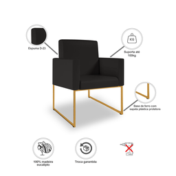 Poltrona Moderna Clínica Courino 3 Cores- Base Ferro Dourado - Preto - 4