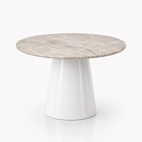 Mesa de Jantar Cone Redondo 140 cm Tampo Mármore Taj Mahal Base Laca Branca