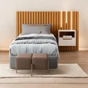 Ver imagem 1 de Cabeceira Ripado para Cama de Solteiro Maracá Nature com Mesa de Cabeceira Jatobá com Led Offwhite -
