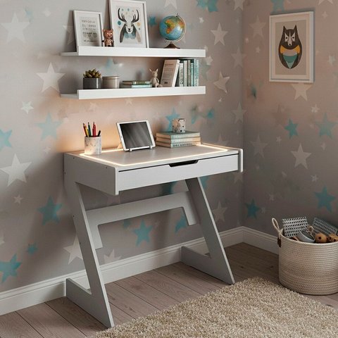Conjunto Escrivaninha com Luz Neon - Quente com Aba 1 Gaveta 2 Prateleiras 73cm Branco